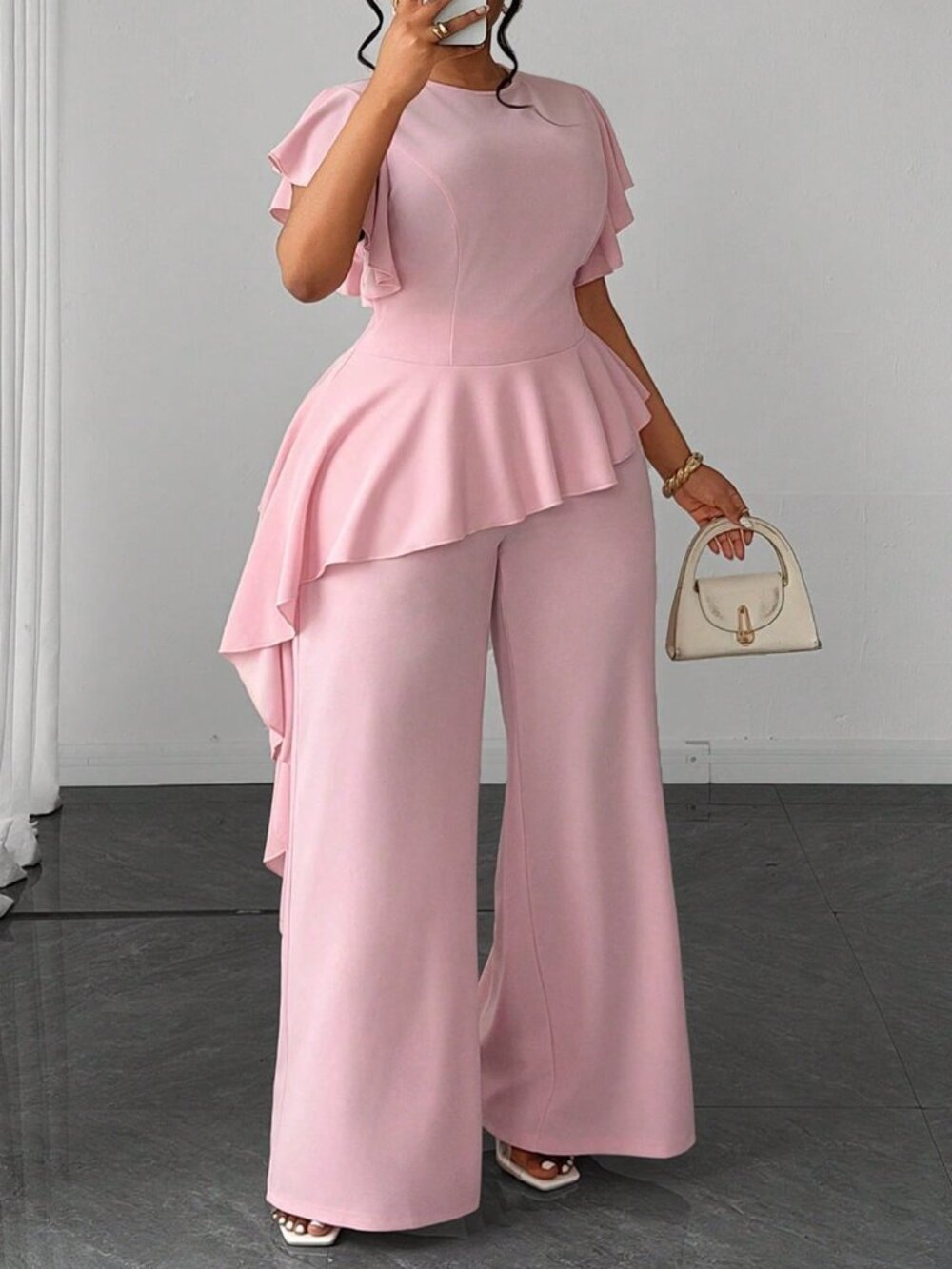 Baby Pink Elegant Women's Plus Size Round Neck Top And Wide Leg Pants Set
